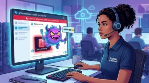 Ilustração de atendente com headset visualizando uma ameaça de malware em tela durante atendimento no Amazon Connect