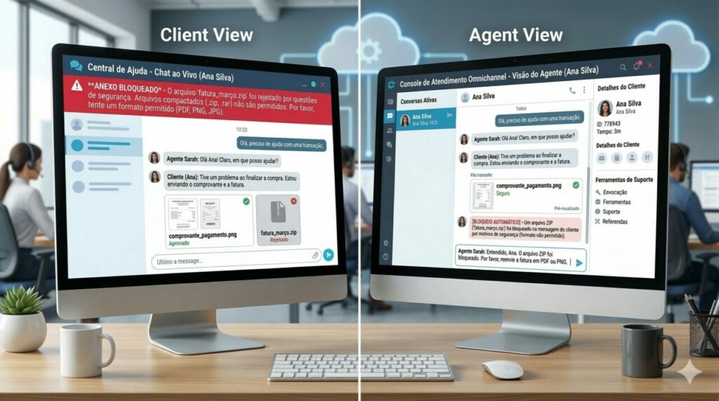 Exemplo de chat no Amazon Connect com anexo aprovado e anexo rejeitado por verificação de segurança