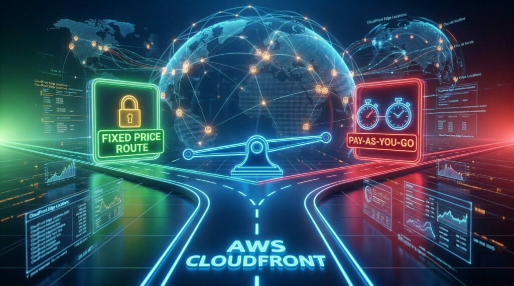 Infográfico ilustrando a decisão de precificação do AWS CloudFront, mostrando uma bifurcação entre a 'Rota de Preço Fixo' e a 'Rota Pague por Uso' com uma balança no centro