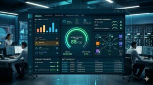 Painel conceitual de segurança em nuvem na AWS com indicadores de monitoramento, conformidade e proteção de dados