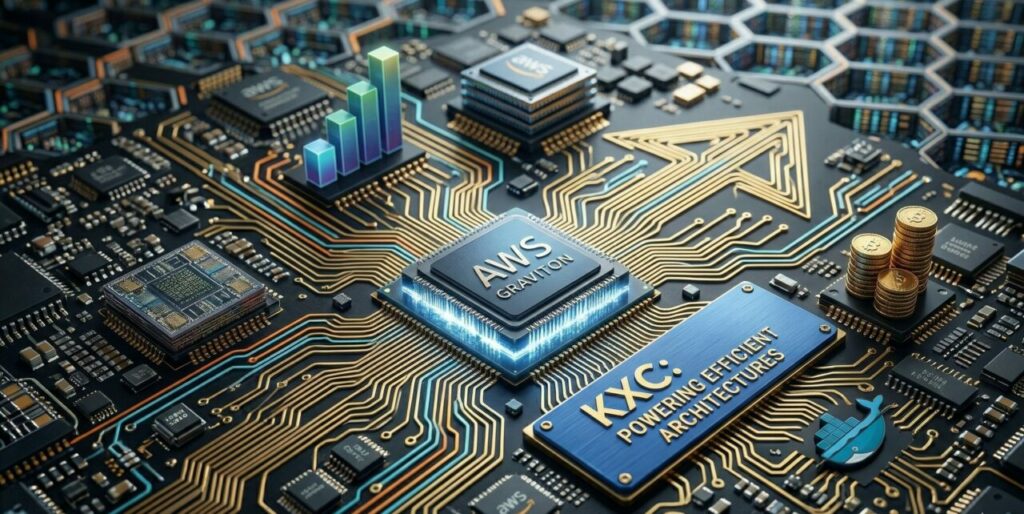 Diagrama 3D futurista de arquitetura AWS em estilo holográfico, conectando ALB, instâncias Graviton e RDS sobre fundo escuro. No centro, o logo da KXC coordena o fluxo de dados e blocos de código Terraform, representando uma estratégia de FinOps e governança por design.
