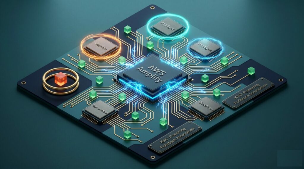 Ilustração 3D isométrica de uma placa de circuito futurista com o chip central AWS Amplify conectado aos serviços AppSync, Cognito, CloudFront e DynamoDB por trilhas douradas, com cubos de dados luminosos e o selo KXC: Powering Fullstack Innovation.