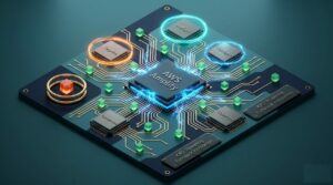 Ilustração 3D isométrica de uma placa de circuito futurista com o chip central AWS Amplify conectado aos serviços AppSync, Cognito, CloudFront e DynamoDB por trilhas douradas, com cubos de dados luminosos e o selo KXC: Powering Fullstack Innovation.