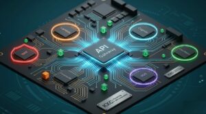 Ilustração 3D isométrica de uma placa de circuito futurista com o Amazon API Gateway no centro, conectado a serviços AWS como Lambda, DynamoDB, SQS, Cognito, CloudWatch e WAF, representando uma arquitetura de APIs escalável e segura.