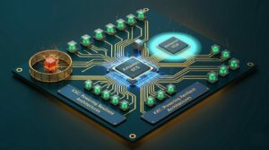 Ilustração 3D fotorrealista de uma placa de circuito eletrônico com trilhas douradas interconectadas, chip central AWS Graviton iluminado em azul elétrico, componentes metálicos representando serviços cloud, gráficos de barras em verde e azul, moedas douradas e placa metálica azul com o texto KXC: Powering Efficient Architectures.